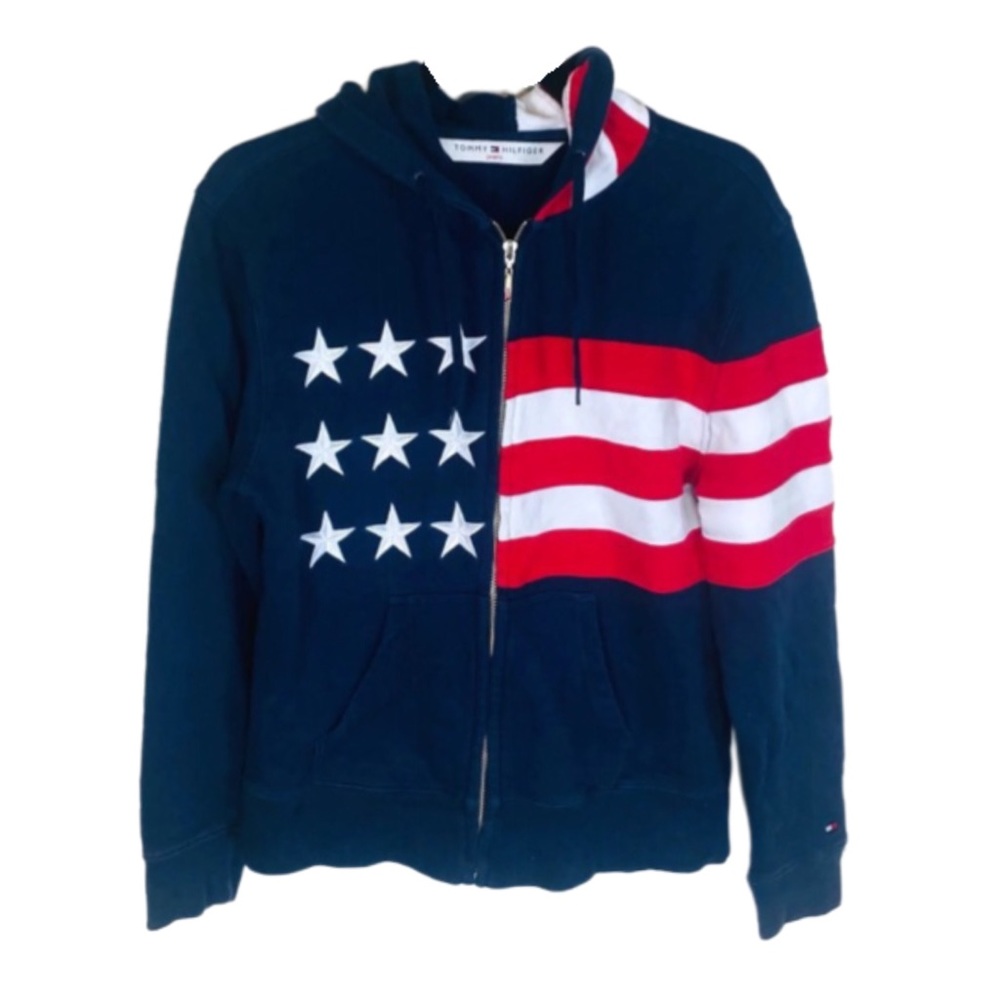 Vintage Tommy Hilfiger American Flag July 4th Red Blue Hoodie Zip Sweater M